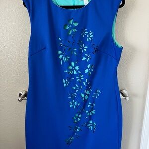 London Times Blue Sleeveless Sheath Midi Dress